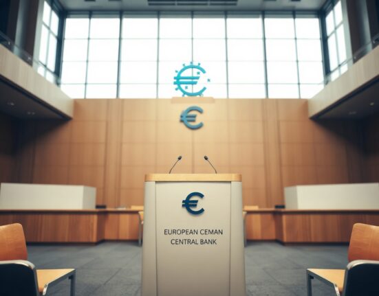 European Central Bank press conference room in Frankfurt with podium and ECB logo
