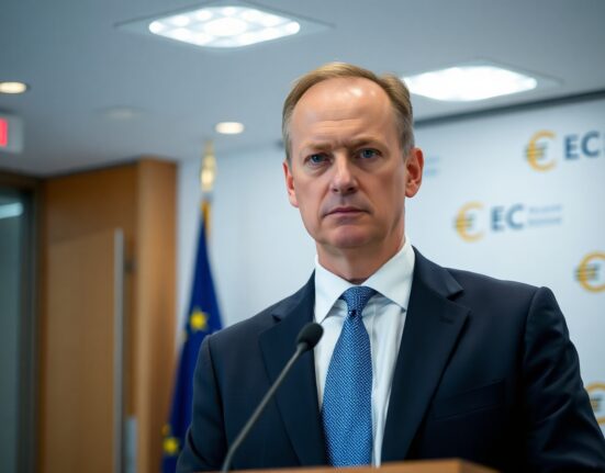 ECB Governing Council member Peter Kazimir speaking at a press conference about interest rate policy.