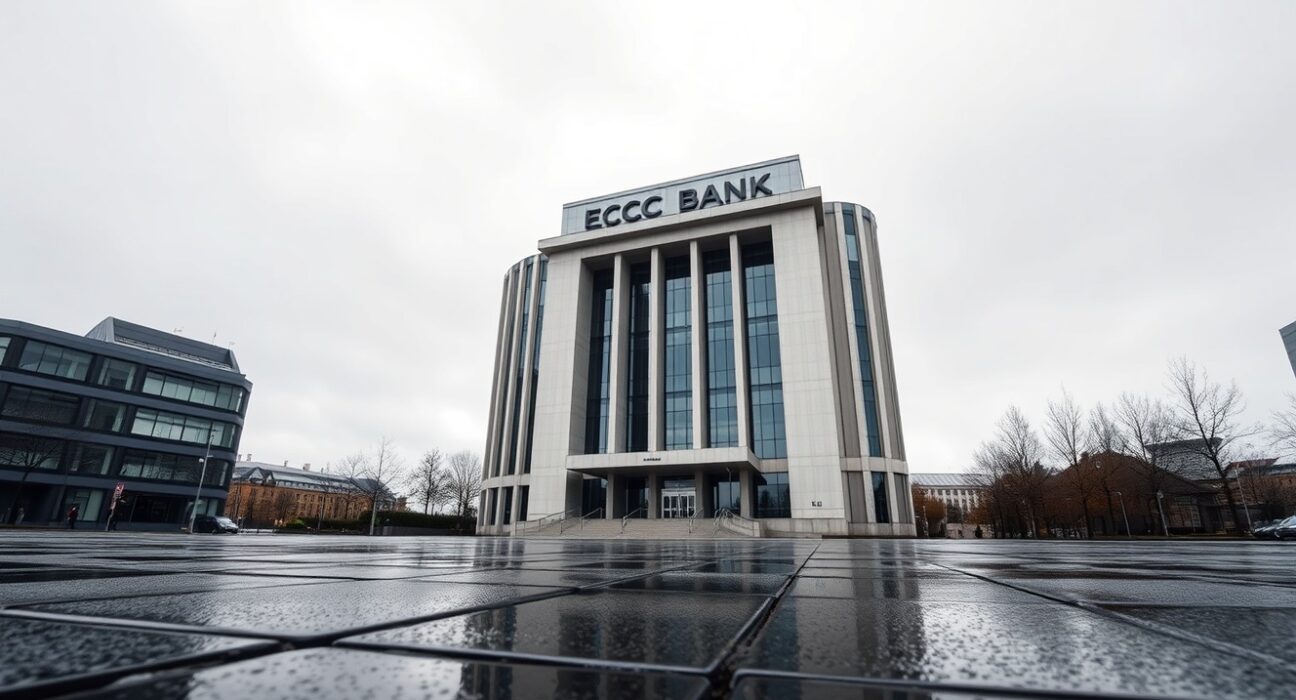 European Central Bank headquarters in Frankfurt under overcast sky, symbolizing monetary policy decision.