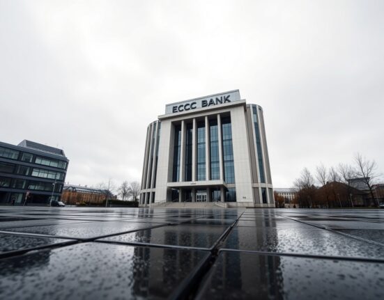 European Central Bank headquarters in Frankfurt under overcast sky, symbolizing monetary policy decision.