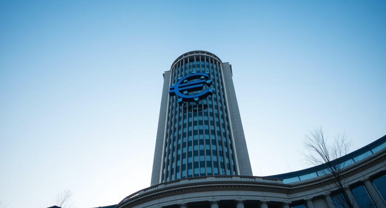 European Central Bank headquarters in Frankfurt with Euro tower under clear sky