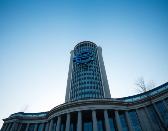 European Central Bank headquarters in Frankfurt with Euro tower under clear sky