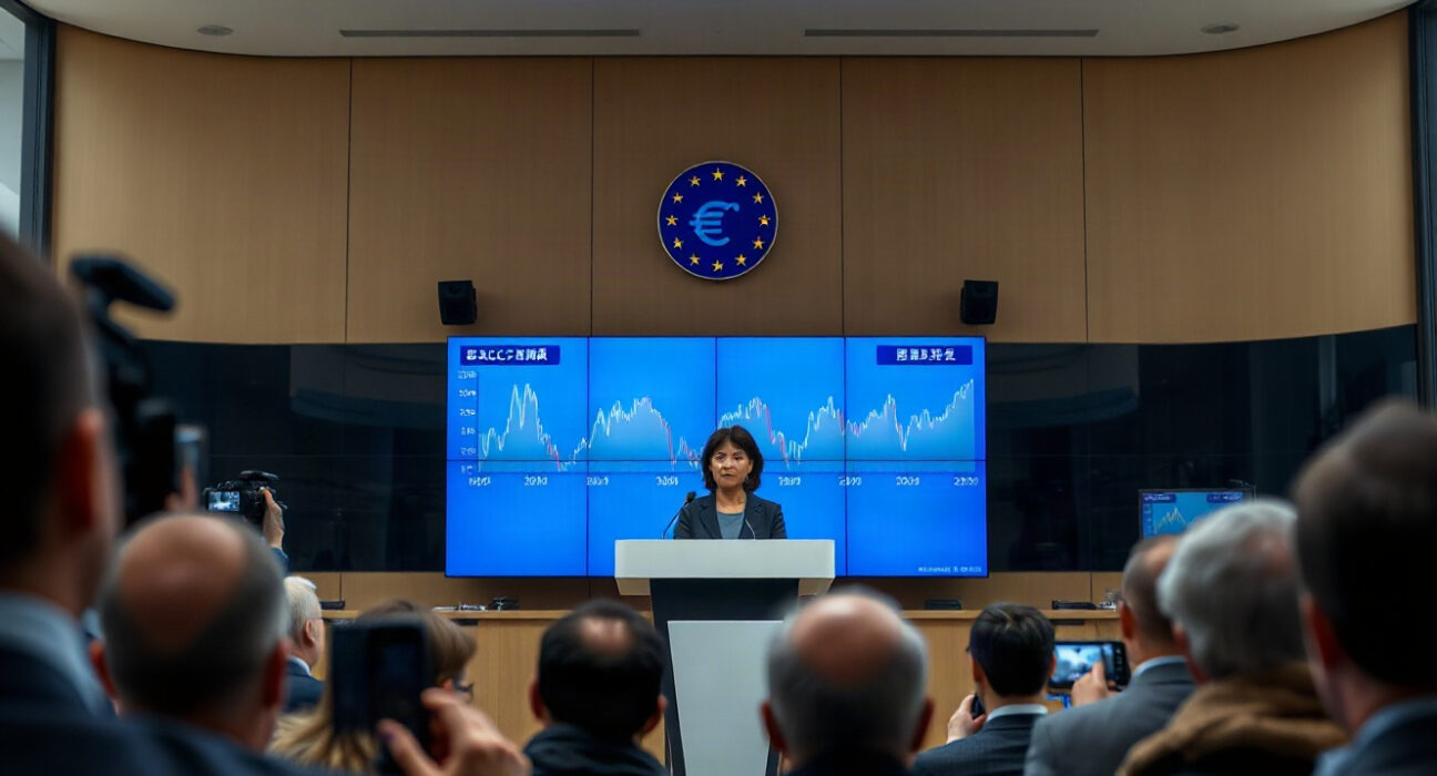 ECB official speaking at a press conference about Europe's economic momentum and price stability risks.