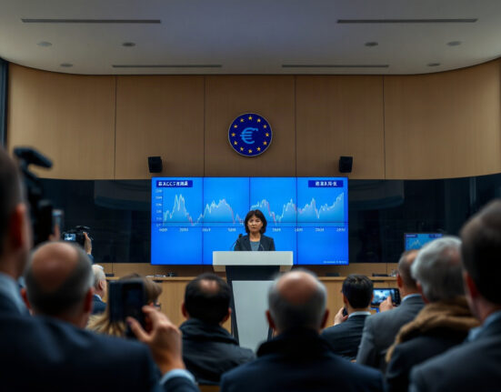 ECB official speaking at a press conference about Europe's economic momentum and price stability risks.