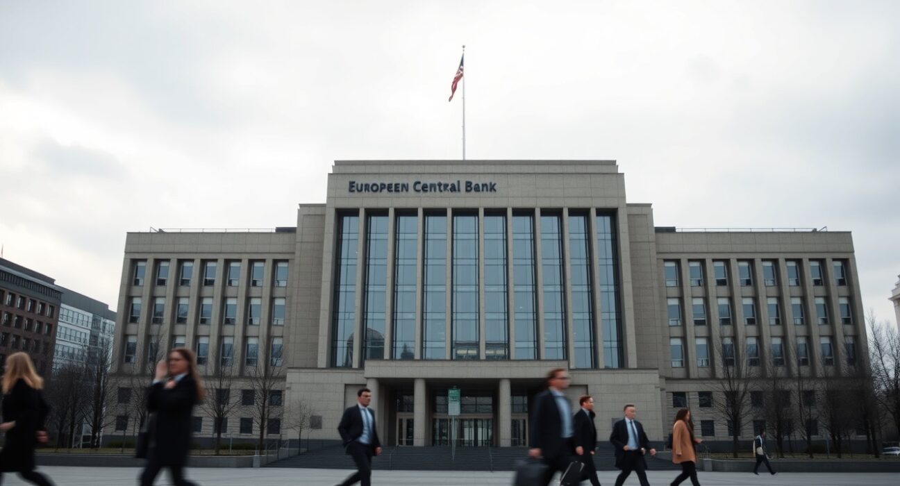 European Central Bank headquarters in Frankfurt on a cloudy day, representing monetary policy uncertainty.