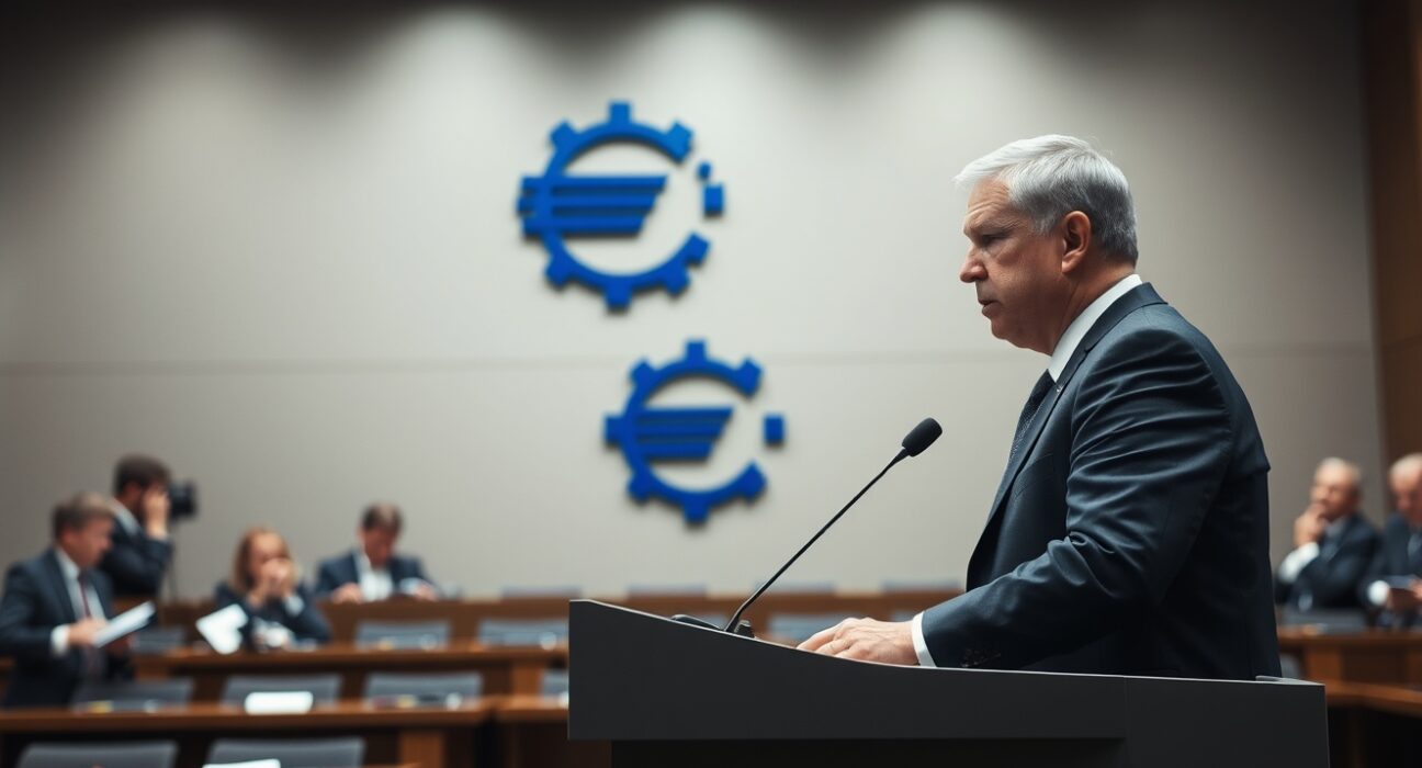 ECB official speaking at press conference in Frankfurt about interest rate policy