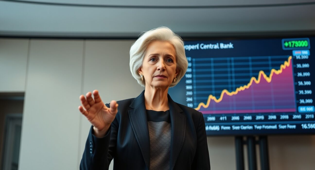 ECB President Christine Lagarde presenting inflation data charts with serious economic warning