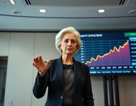 ECB President Christine Lagarde presenting inflation data charts with serious economic warning