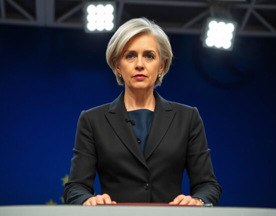 ECB President Christine Lagarde speaking at a press conference in Frankfurt, stating no evidence of inflation de-anchoring.
