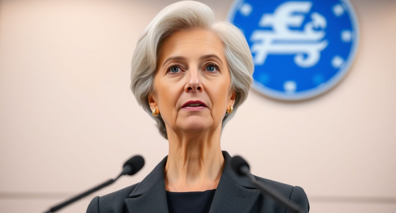 ECB President Christine Lagarde speaking at press conference about monetary policy and interest rates decision