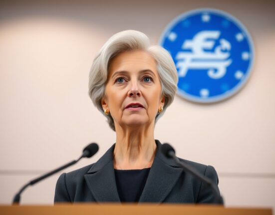 ECB President Christine Lagarde speaking at press conference about monetary policy and interest rates decision