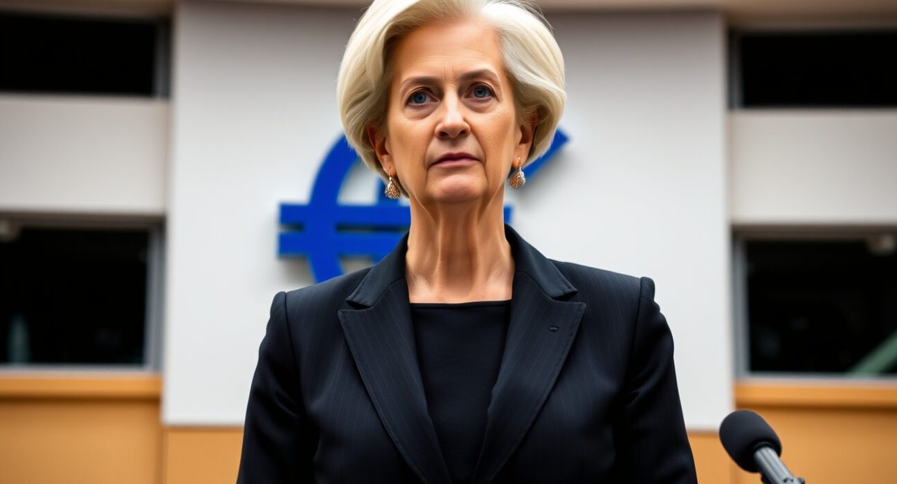 ECB President Christine Lagarde speaking at a press conference in Frankfurt, signaling readiness to raise interest rates.