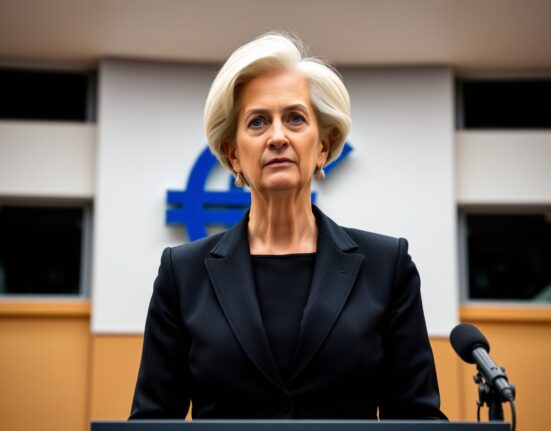 ECB President Christine Lagarde speaking at a press conference in Frankfurt, signaling readiness to raise interest rates.
