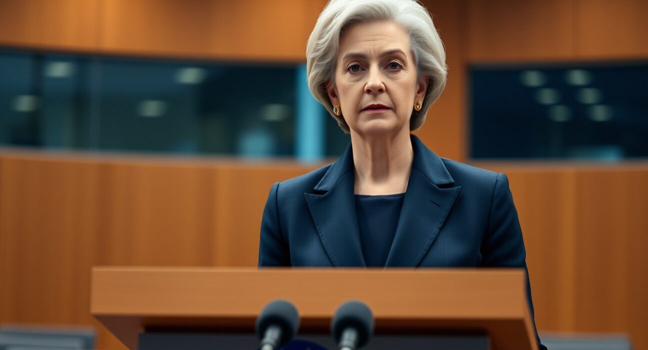 ECB President Christine Lagarde delivering a monetary policy statement on interest rates.
