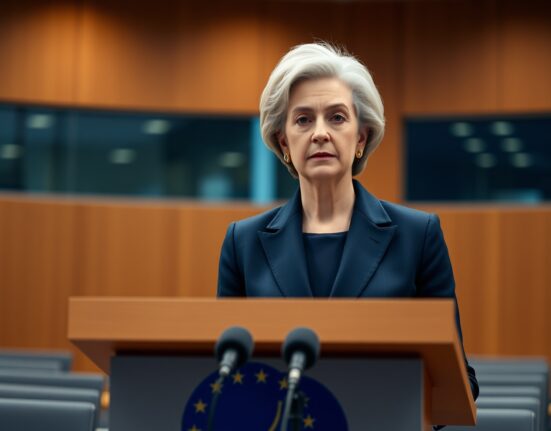 ECB President Christine Lagarde delivering a monetary policy statement on interest rates.