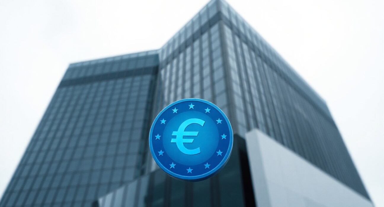 ECB headquarters in Frankfurt with a digital euro coin in foreground