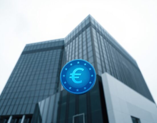 ECB headquarters in Frankfurt with a digital euro coin in foreground