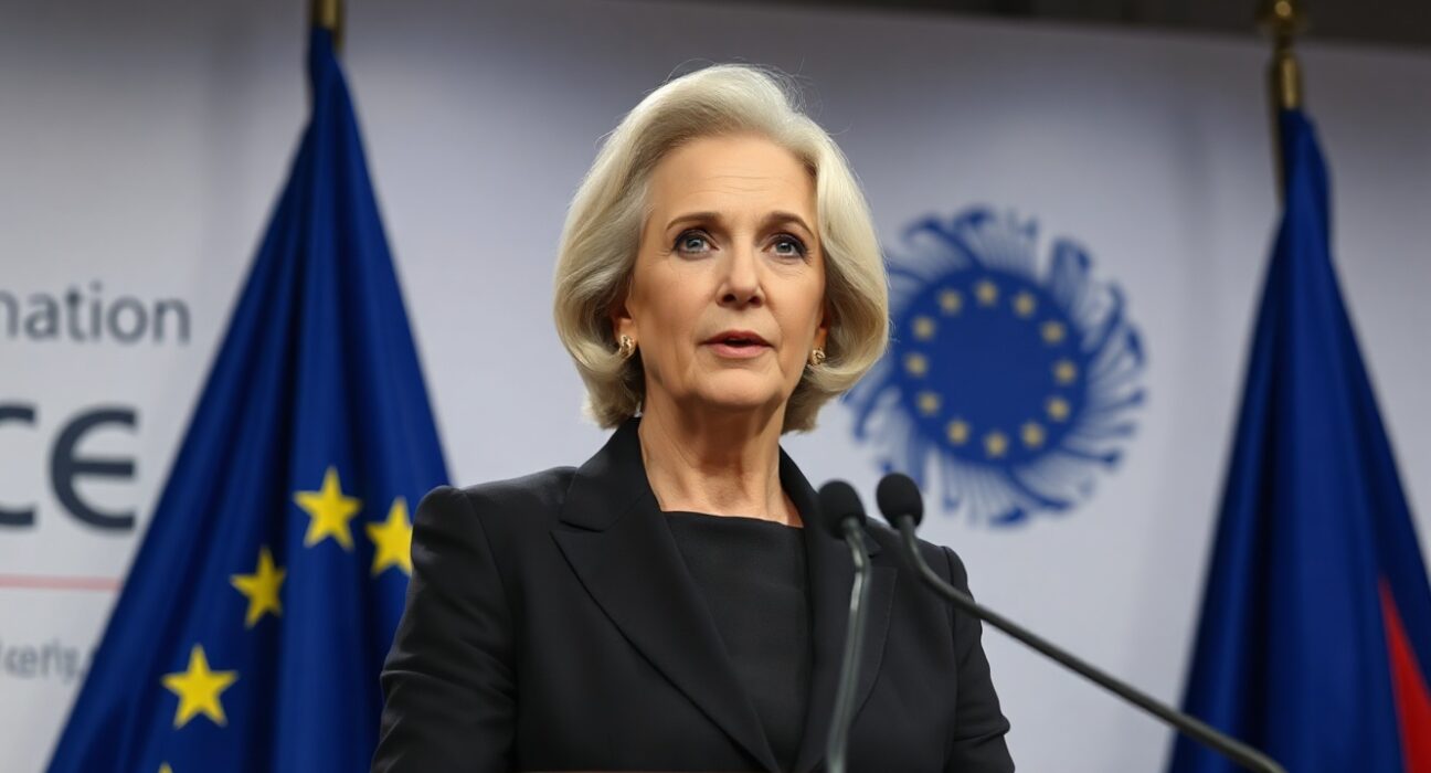 ECB President Christine Lagarde speaking at a press conference in Frankfurt