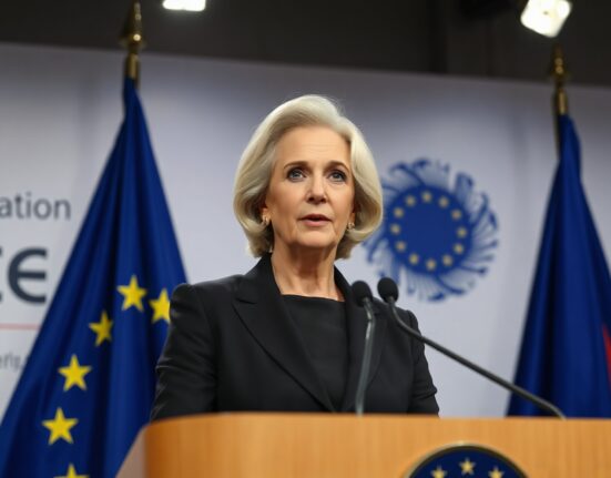 ECB President Christine Lagarde speaking at a press conference in Frankfurt