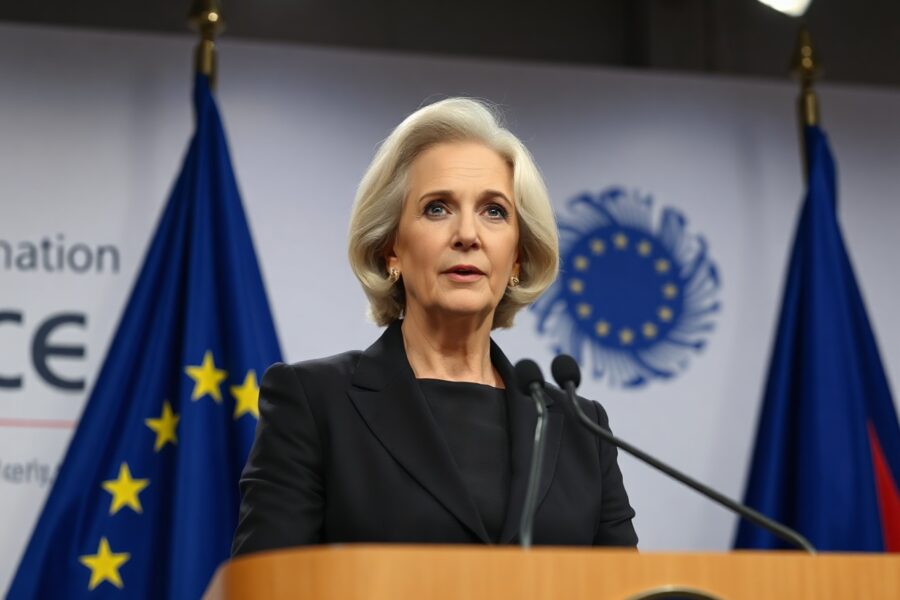 ECB President Christine Lagarde speaking at a press conference in Frankfurt
