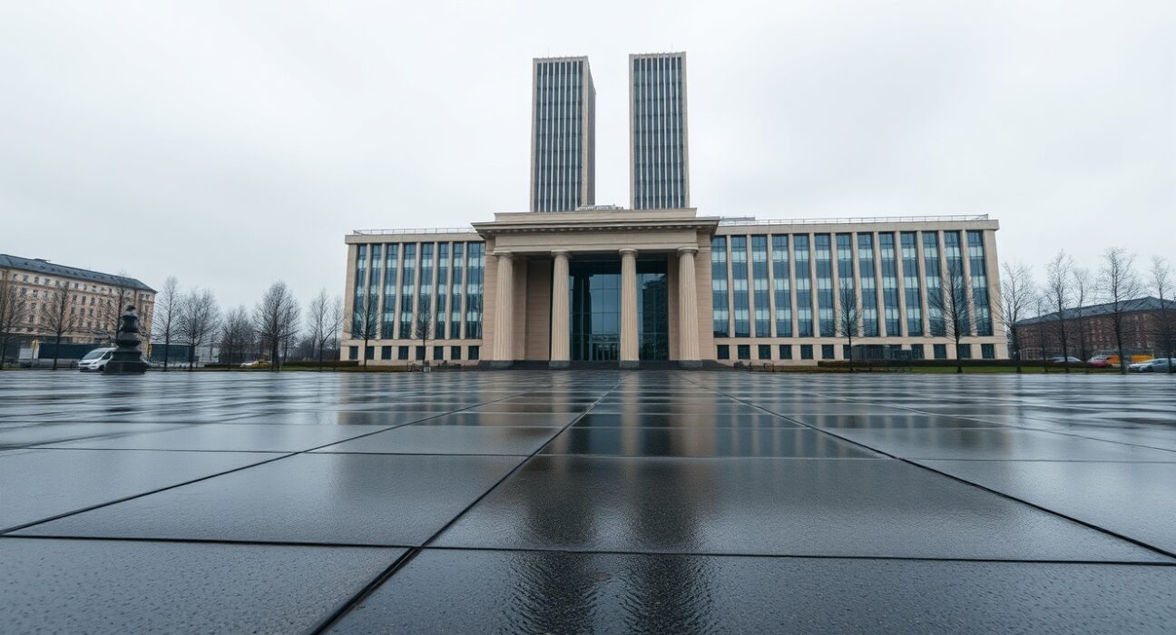 European Central Bank headquarters in Frankfurt on a cloudy day