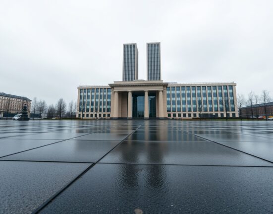 European Central Bank headquarters in Frankfurt on a cloudy day