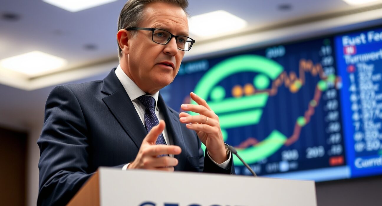 ECB Chief Economist Philip Lane speaking at a press conference in Frankfurt