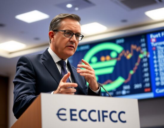 ECB Chief Economist Philip Lane speaking at a press conference in Frankfurt