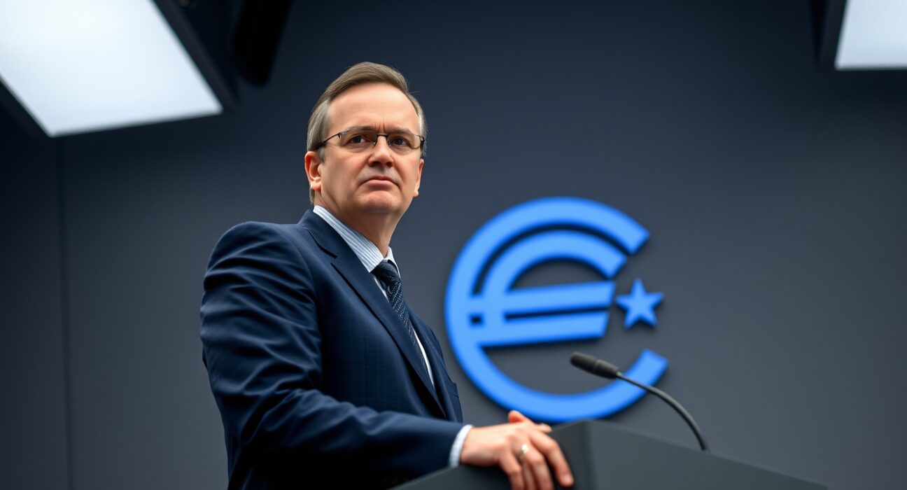 ECB Chief Economist Philip Lane at a press conference in Frankfurt discussing inflation outlook.