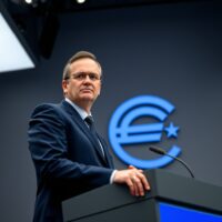 ECB Chief Economist Philip Lane at a press conference in Frankfurt discussing inflation outlook.
