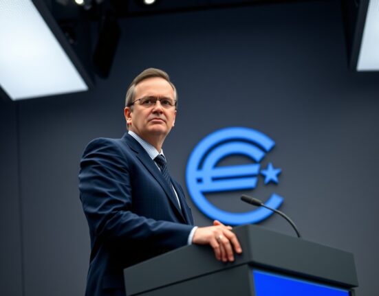 ECB Chief Economist Philip Lane at a press conference in Frankfurt discussing inflation outlook.