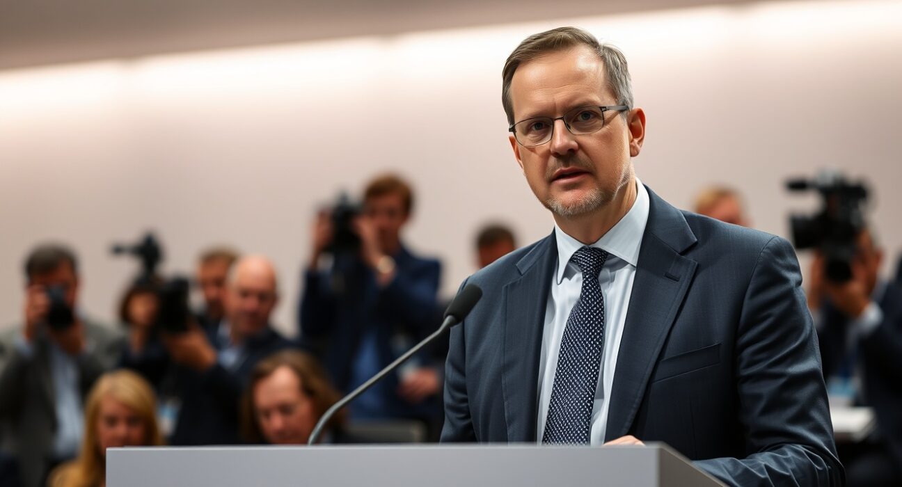 ECB Chief Economist Philip Lane speaking at a press conference in Frankfurt about oil price forecasts.