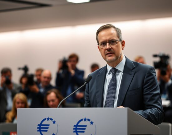 ECB Chief Economist Philip Lane speaking at a press conference in Frankfurt about oil price forecasts.