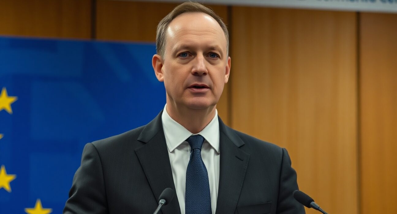 ECB Chief Economist Philip Lane speaking at a press conference in Frankfurt, warning about persistent second-round inflation effects.