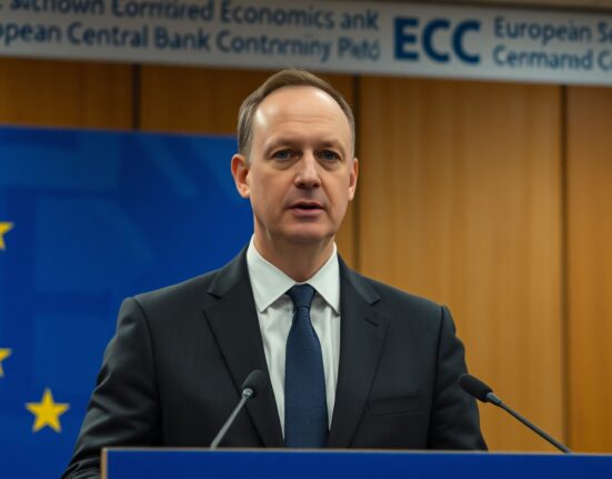 ECB Chief Economist Philip Lane speaking at a press conference in Frankfurt, warning about persistent second-round inflation effects.