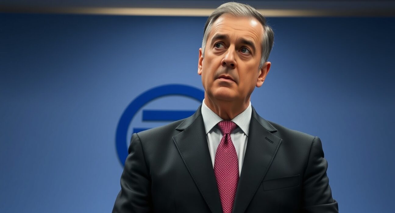 ECB official Gabriel Makhlouf expresses concern about a higher-for-longer energy price scenario during a press conference.