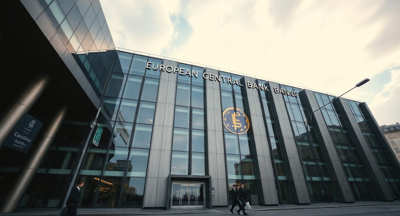 Exterior of the European Central Bank building in Frankfurt under overcast sky