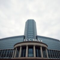 European Central Bank headquarters in Frankfurt on a cloudy day