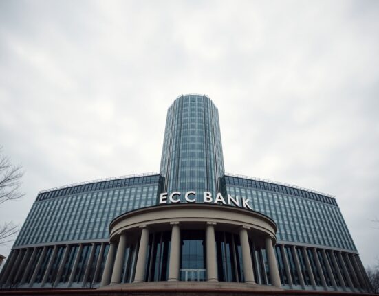 European Central Bank headquarters in Frankfurt on a cloudy day
