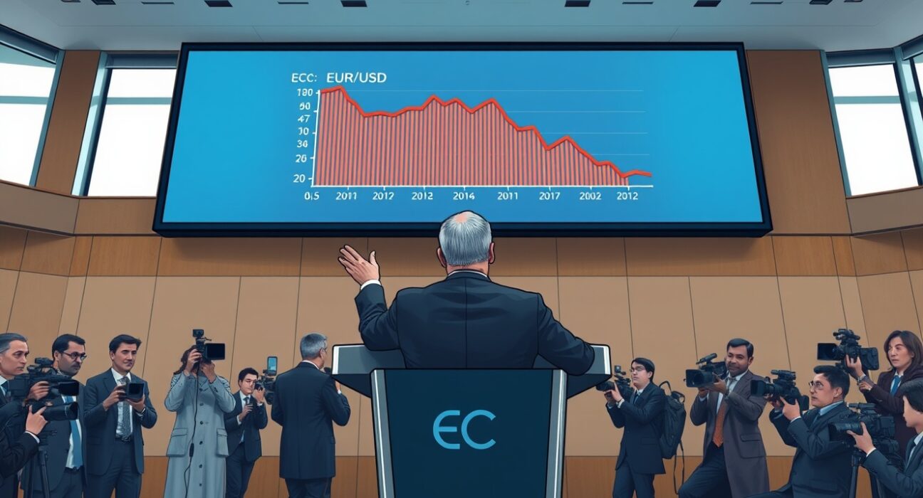 ECB official at a press conference discussing EUR/USD exchange rate trends, representing the central bank's influence on the currency pair.