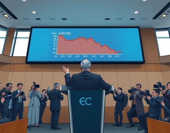 ECB official at a press conference discussing EUR/USD exchange rate trends, representing the central bank's influence on the currency pair.