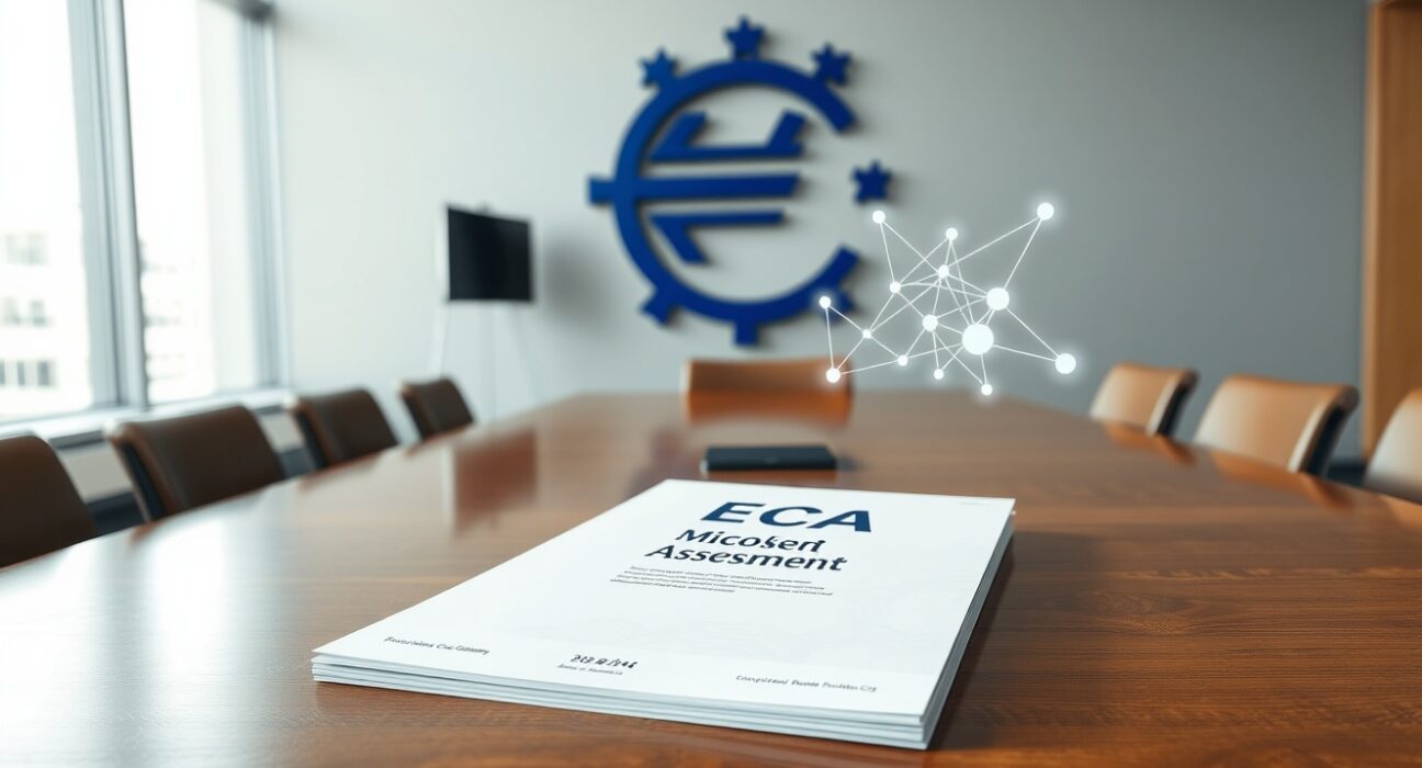 ECB report on MiCA regulation and DeFi centralization on a conference table.