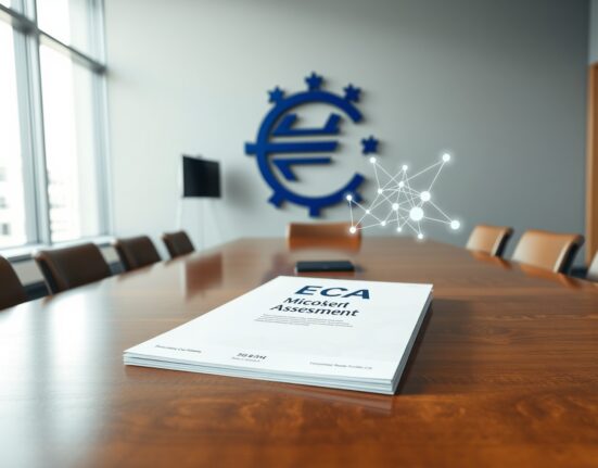 ECB report on MiCA regulation and DeFi centralization on a conference table.