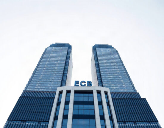 European Central Bank headquarters in Frankfurt, Germany, under clear daylight.
