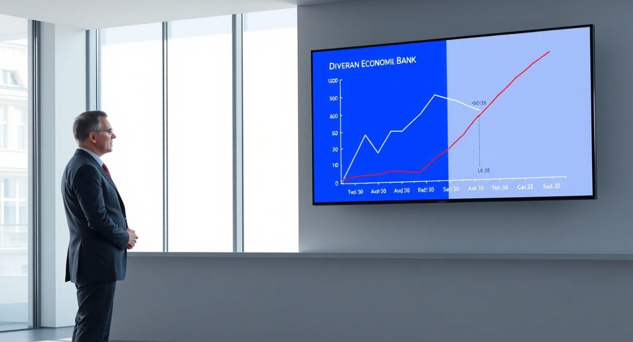 ECB official analyzing diverging economic forecast paths that impact EUR valuation and monetary policy decisions.