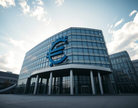 European Central Bank headquarters in Frankfurt on a clear day