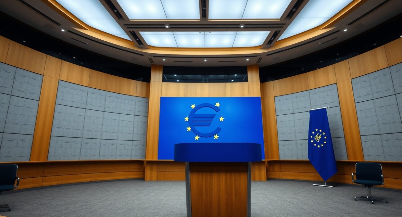 ECB press conference room with podium and blue lighting, representing monetary policy announcement setting.