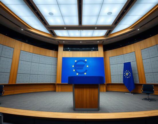 ECB press conference room with podium and blue lighting, representing monetary policy announcement setting.