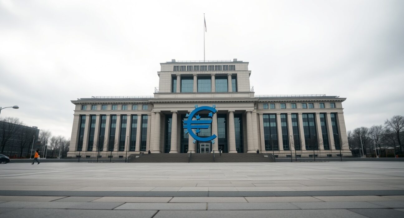 European Central Bank headquarters in Frankfurt under overcast sky, symbolizing cautious inflation outlook.