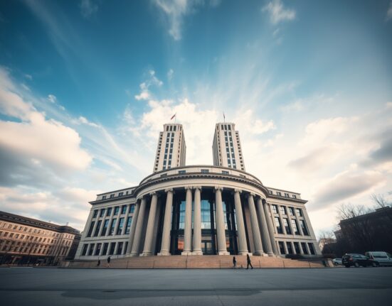 European Central Bank headquarters in Frankfurt on a clear day, symbolizing monetary policy decisions.
